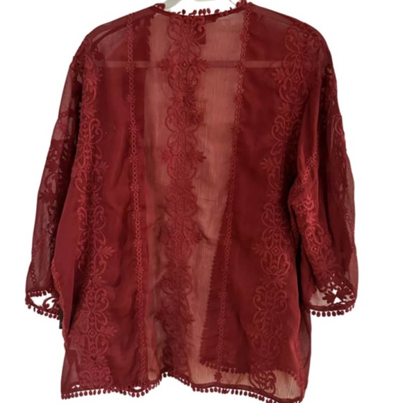 FOREVER 21 BURGUNDY RUST VINTAGE FLORAL WOVEN CARDIGAN SMALL - Picture 2 of 5